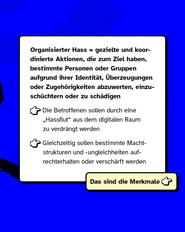 Organisierter Hass sind gezielte und koordinierte Aktionen, die darauf abzielen, bestimmte Personen oder Gruppen aufgrund ihrer Identit&auml;t, &Uuml;berzeugungen oder Zugeh&ouml;rigkeiten abzuwerten, einzusch&uuml;chtern oder zu sch&auml;digen. Die Betroffenen sollen durch eine &bdquo;Hassflut" aus dem digitalen Raum zu verdr&auml;ngt werden. Gleichzeitig sollen bestimmte Machtstrukturen und -ungleichheiten aufrechterhalten oder versch&auml;rft werden