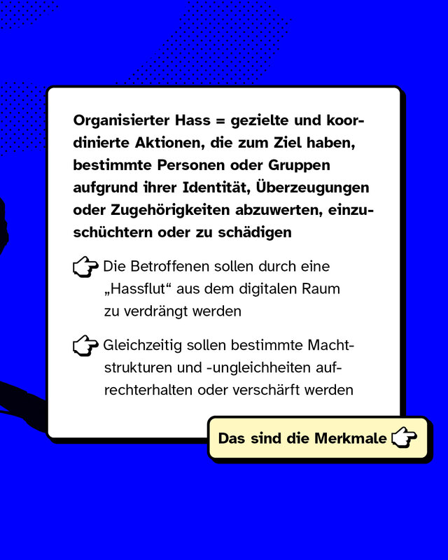 Organisierter Hass sind gezielte und koordinierte Aktionen, die darauf abzielen, bestimmte Personen oder Gruppen aufgrund ihrer Identität, Überzeugungen oder Zugehörigkeiten abzuwerten, einzuschüchtern oder zu schädigen. Die Betroffenen sollen durch eine „Hassflut" aus dem digitalen Raum zu verdrängt werden. Gleichzeitig sollen bestimmte Machtstrukturen und -ungleichheiten aufrechterhalten oder verschärft werden