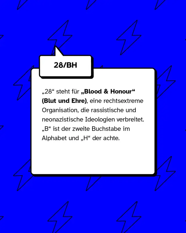 28/BH &bdquo;28" steht f&uuml;r &bdquo;Blood & Honour" (Blut und Ehre), eine rechtsextreme Organisation, die rassistische und neonazistische Ideologien verbreitet. &bdquo;B" ist der zweite Buchstabe im Alphabet und &bdquo;H" der achte.