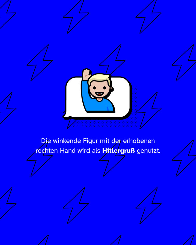 Emoji eines winkenden blonden Jungen mit erhobener rechter Hand in einer Sprechblase. Text: „Die winkende Figur mit der erhobenen rechten Hand wird als Hitlergruß genutzt.“