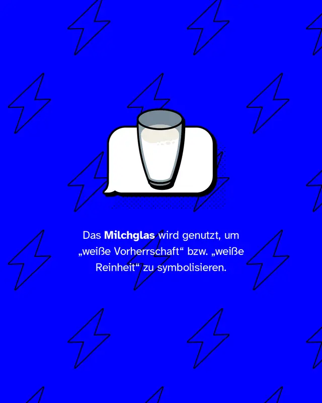 Ein Glas Milch in einer Sprechblase. Text: &bdquo;Das Milchglas wird genutzt, um &sbquo;wei&szlig;e Vorherrschaft&lsquo; bzw. &sbquo;wei&szlig;e Reinheit&lsquo; zu symbolisieren.&ldquo;