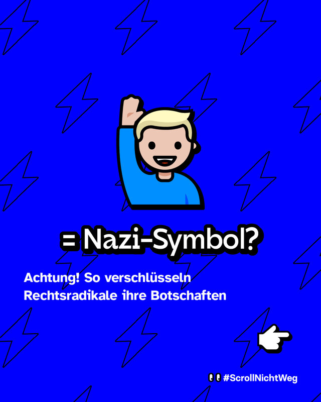 Emoji eines winkenden blonden Jungen mit erhobener rechter Hand. Text: „= Nazi-Symbol? Achtung! So verschlüsseln Rechtsradikale ihre Botschaften.“