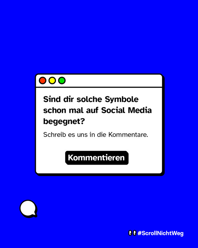 Fenster mit Text: „Sind dir solche Symbole schon mal auf Social Media begegnet? Schreib es uns in die Kommentare.“ Darunter ein schwarzer Button mit „Kommentieren“.
