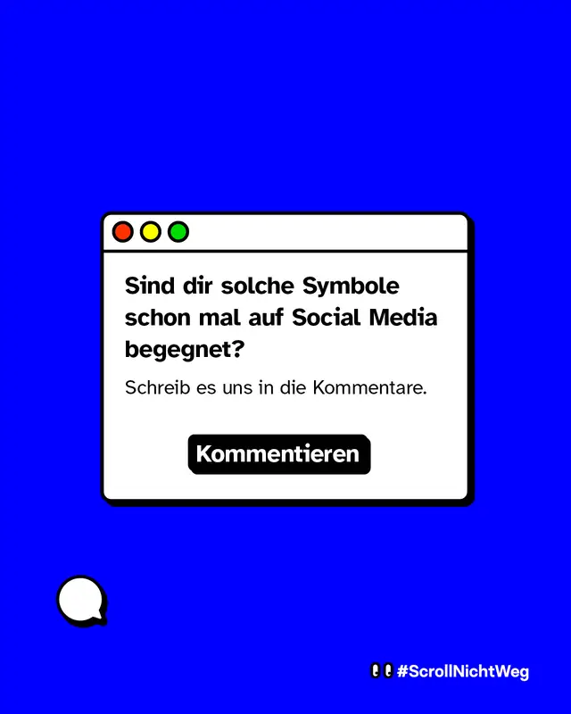 Fenster mit Text: &bdquo;Sind dir solche Symbole schon mal auf Social Media begegnet? Schreib es uns in die Kommentare.&ldquo; Darunter ein schwarzer Button mit &bdquo;Kommentieren&ldquo;.