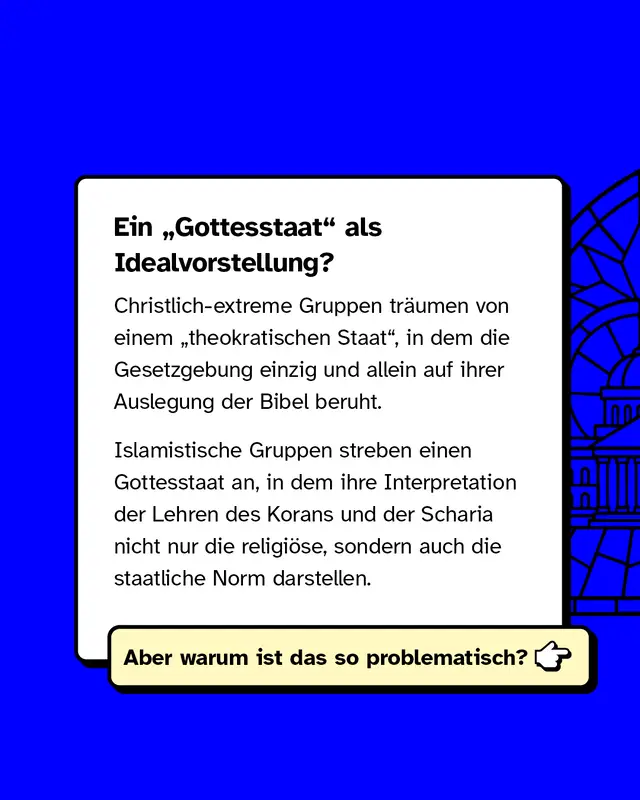 Infografik-Box. &Uuml;berschrift: &bdquo;Ein &sbquo;Gottesstaat&lsquo; als Idealvorstellung?&ldquo; Text beschreibt christlich-extreme und islamistische Gruppen, die staatliche Gesetze auf religi&ouml;se Auslegung st&uuml;tzen wollen. Unten ein Button: &bdquo;Aber warum ist das so problematisch?&ldquo;.