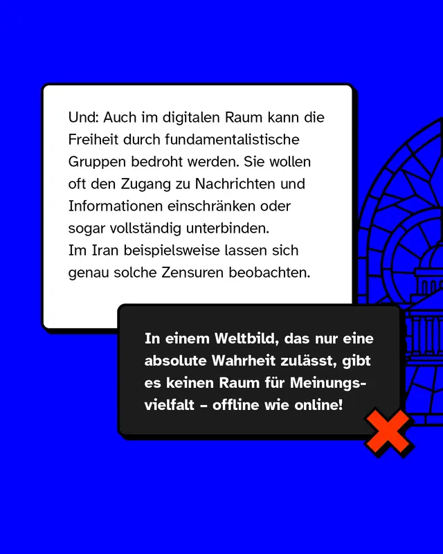 Infografik-Box beschreibt m&ouml;gliche Zensur und Einschr&auml;nkung von Informationsfreiheit durch fundamentalistische Gruppen, inkl. Beispiel Iran. Darunter dunkler Kasten: &bdquo;In einem Weltbild, das nur eine absolute Wahrheit zul&auml;sst, gibt es keinen Raum f&uuml;r Meinungsvielfalt &ndash; offline wie online!&ldquo; Rechts ein rotes X-Symbol.