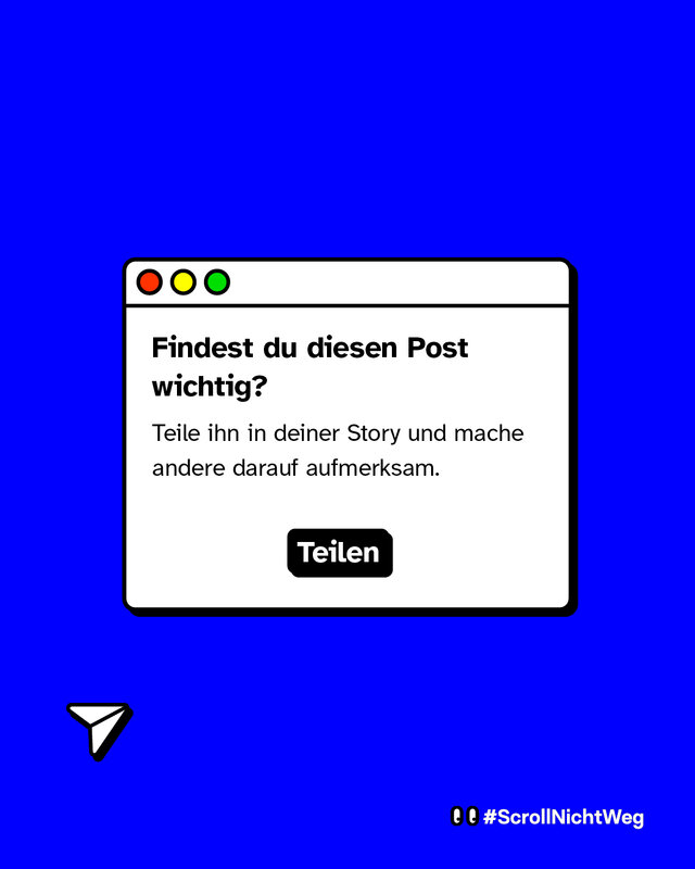 Fenster-Look. Text im Bild: „Findest du diesen Post wichtig? Teile ihn in deiner Story und mache andere darauf aufmerksam.“ Button: „Teilen“. Links unten Papierflieger-Icon.