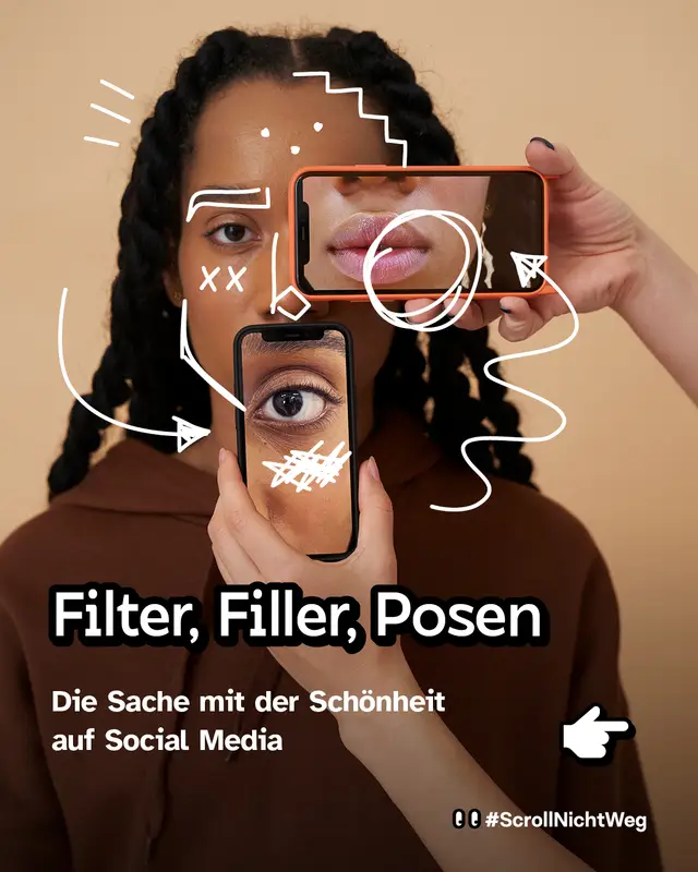 Junge Frau, deren Gesicht teilweise von zwei Smartphones verdeckt wird, die Ausschnitte ihrer Lippen und Augen zeigen. Filter, Filler, Posen. Die Sache mit der Sch&ouml;nheit auf Social Media. #ScrollNichtWeg