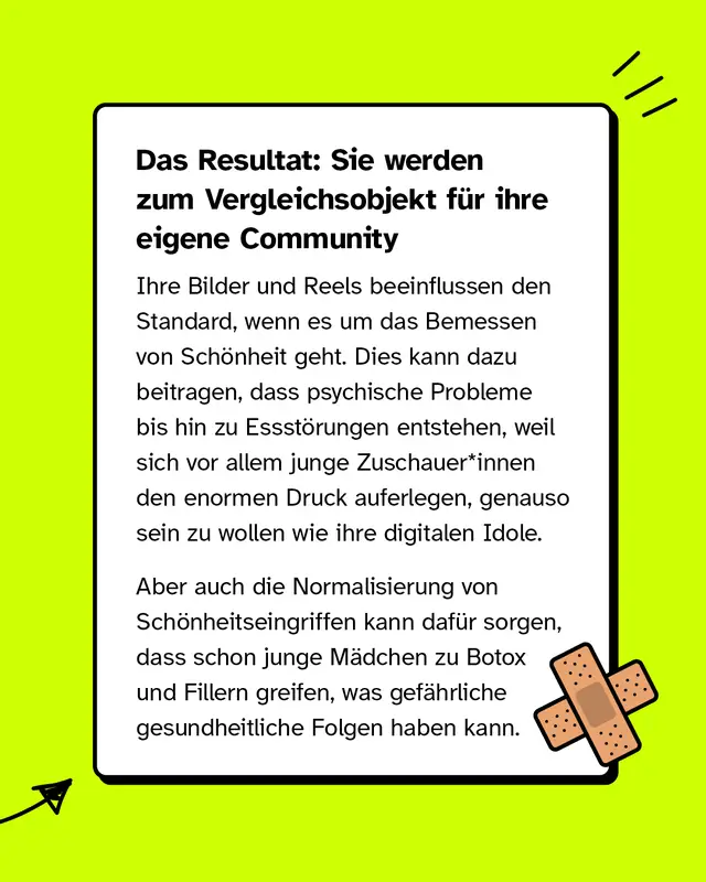 Das Resultat: Sie werden zum Vergleichsobjekt f&uuml;r ihre eigene Community. Ihre Bilder und Reels beeinflussen den Standard, wenn es um das Bemessen von Sch&ouml;nheit geht. Dies kann dazu beitragen, dass psychische Probleme bis hin zu Essst&ouml;rungen entstehen, weil sich vor allem junge Zuschauer*innen den enormen Druck auferlegen, genauso sein zu wollen wie ihre digitalen Idole. Aber auch die Normalisierung von Sch&ouml;nheitseingriffen kann daf&uuml;r sorgen, dass schon junge M&auml;dchen zu Botox und Fillern greifen, was gef&auml;hrliche gesundheitliche Folgen haben kann.