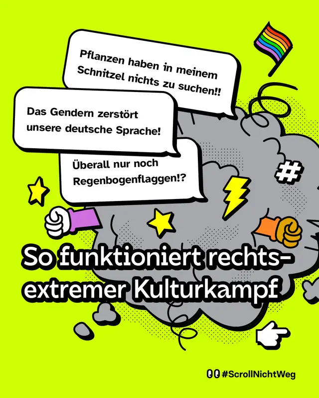 Sprechblasen: &bdquo;Pflanzen haben in meinem Schnitzel nichts zu suchen!!", &bdquo;Das Gendern zerst&ouml;rt unsere deutsche Sprache!", &bdquo;&Uuml;berall nur noch Regenbogenflaggen!?" So funktioniert rechtsextremer Kulturkampf. #ScrollNichtWeg