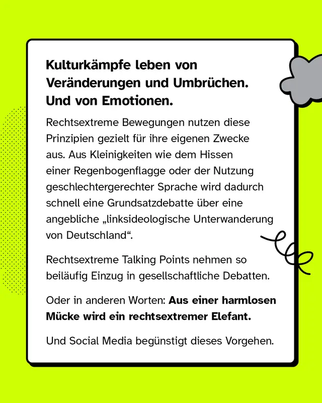 Kulturk&auml;mpfe leben von Ver&auml;nderungen und Umbr&uuml;chen. Und von Emotionen. Rechtsextreme Bewegungen nutzen diese Prinzipien gezielt f&uuml;r ihre eigenen Zwecke aus. Aus Kleinigkeiten wie dem Hissen einer Regenbogenflagge oder der Nutzung geschlechtergerechter Sprache wird dadurch schnell eine Grundsatzdebatte &uuml;ber eine angebliche &bdquo;linksideologische Unterwanderung von Deutschland". Rechtsextreme Talking Points nehmen so beil&auml;ufig Einzug in gesellschaftliche Debatten. Oder in anderen Worten: Aus einer harmlosen M&uuml;cke wird ein rechtsextremer Elefant. Und Social Media beg&uuml;nstigt dieses Vorgehen.