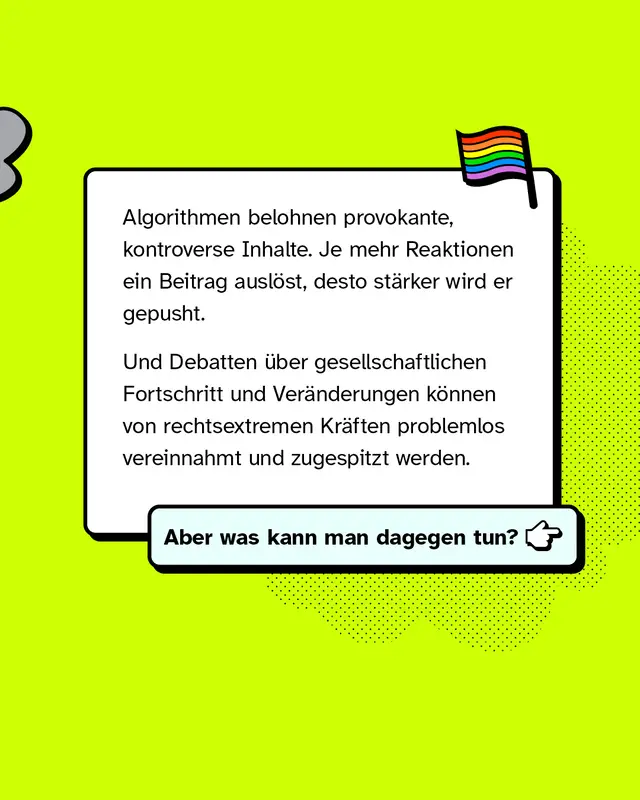 Algorithmen belohnen provokante, kontroverse Inhalte. Je mehr Reaktionen ein Beitrag ausl&ouml;st, desto st&auml;rker wird er gepusht. Und Debatten &uuml;ber gesellschaftlichen Fortschritt und Ver&auml;nderungen k&ouml;nnen von rechtsextremen Kr&auml;ften problemlos vereinnahmt und zugespitzt werden. Aber was kann man dagegen tun?