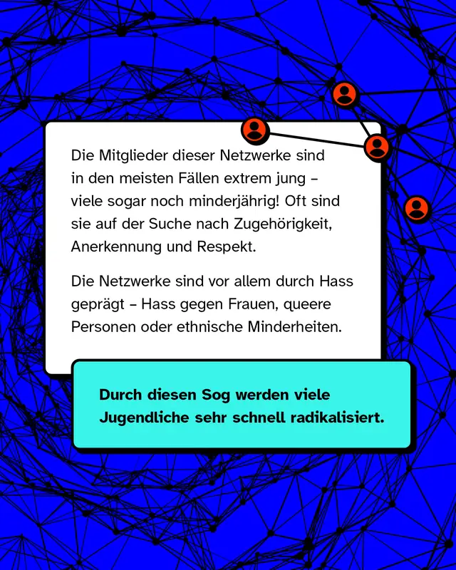 Die Mitglieder dieser Netzwerke sind in den meisten F&auml;llen extrem jung, viele sogar noch minderj&auml;hrig! Oft sind sie auf der Suche nach Zugeh&ouml;rigkeit, Anerkennung und Respekt. Die Netzwerke sind vor allem durch Hass gepr&auml;gt, Hass gegen Frauen, queere Personen oder ethnische Minderheiten. Durch diesen Sog werden viele Jugendliche sehr schnell radikalisiert.