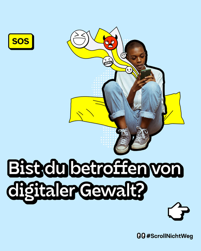 Bist du betroffen von digitaler Gewalt? Eine Frau sitzt und hält ihr Smartphone in den Händen. Aus ihrem Smartphone kommen illustrierte Emojis. Die meisten haben einen traurigen Gesichtsausdruck.