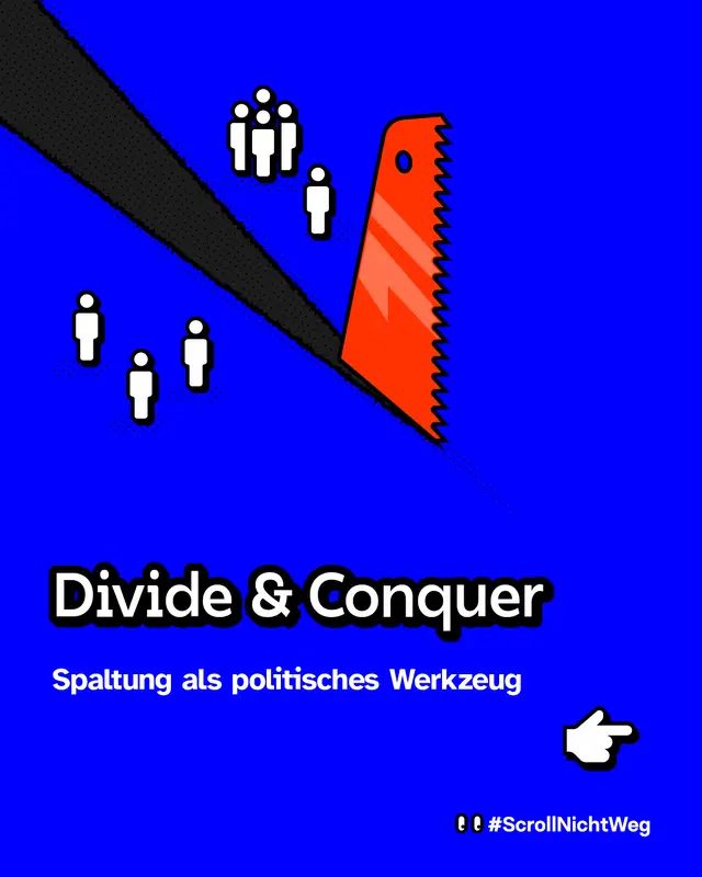 Divide and Conquer. Spaltung als politisches Werkzeug. Illustration: Eine S&auml;ge trennt eine Gruppe von Figuren.