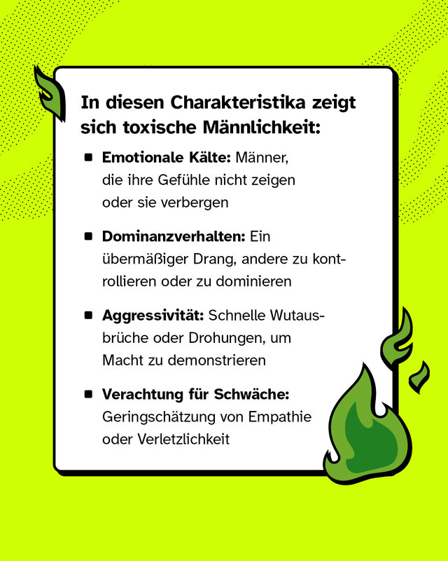 In diesen Charakteristika zeigt sich toxische Männlichkeit:   Beispiele: - Emotionale Kälte: Männer, die ihre Gefühle nicht zeigen oder sie verbergen. - Dominanzverhalten: Ein übermäßiger Drang, andere zu kontrollieren oder zu dominieren. - Aggressivität: Schnelle Wutausbrüche oder Drohungen, um Macht zu demonstrieren. - Verachtung für Schwäche: Geringschätzung von Empathie oder Verletzlichkeit.
