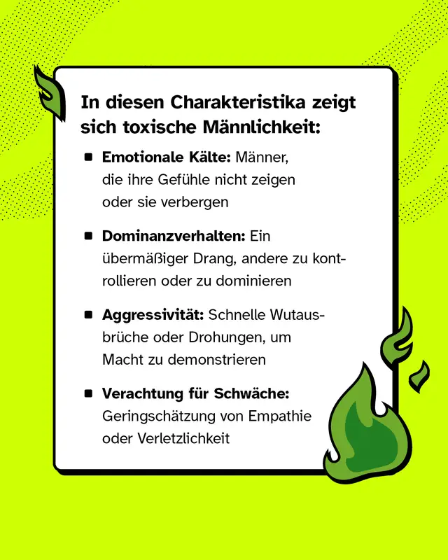 In diesen Charakteristika zeigt sich toxische Männlichkeit:   Beispiele: - Emotionale Kälte: Männer, die ihre Gefühle nicht zeigen oder sie verbergen. - Dominanzverhalten: Ein übermäßiger Drang, andere zu kontrollieren oder zu dominieren. - Aggressivität: Schnelle Wutausbrüche oder Drohungen, um Macht zu demonstrieren. - Verachtung für Schwäche: Geringschätzung von Empathie oder Verletzlichkeit.