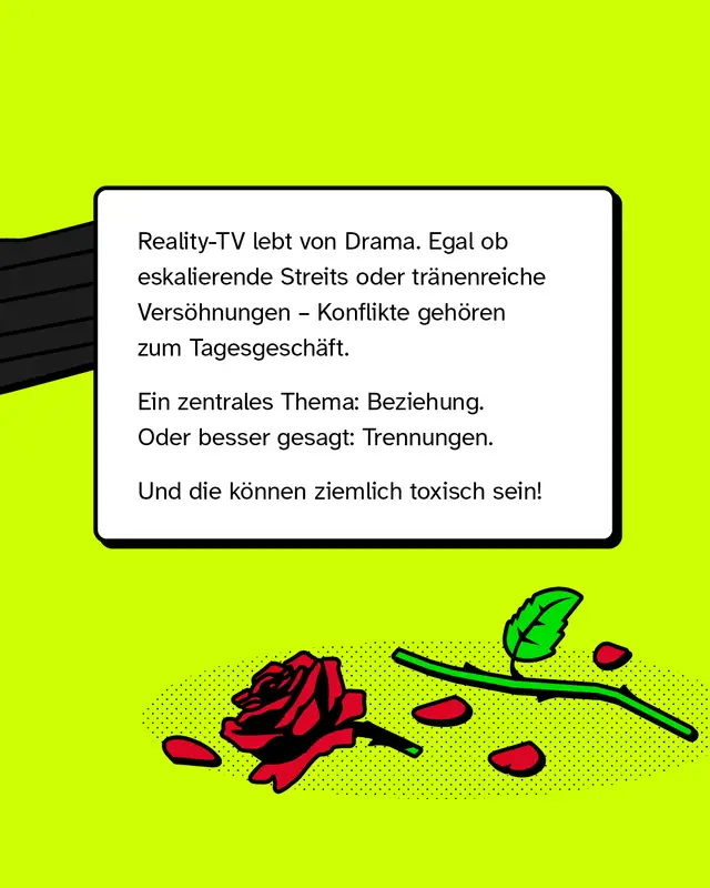 Ein Textkasten vor einer Illustration einer zerbrochenen Rose. Text im Bild: &bdquo;Reality-TV lebt von Drama. Egal ob eskalierende Streits oder tr&auml;nenreiche Vers&ouml;hnungen &ndash; Konflikte geh&ouml;ren zum Tagesgesch&auml;ft. Ein zentrales Thema: Beziehung. Oder besser gesagt: Trennungen. Und die k&ouml;nnen ziemlich toxisch sein!&ldquo;