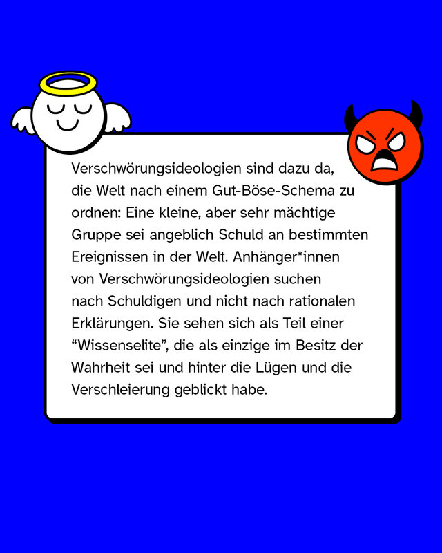 Ideologien sind dazu da, die Welt nach einem Gut-Böse-Schema zu ordnen: Eine kleine, aber sehr mächtige Gruppe sei angeblich Schuld an bestimmten Ereignissen in der Welt.