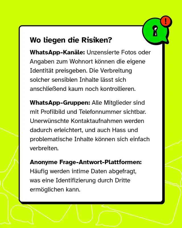 Textkasten mit gruenem Schloss-Icon und Warnzeichen. Ueberschrift: Wo liegen die Risiken? Bei WhatsApp-Kanaelen koennen unzensierte Fotos oder Angaben zum Wohnort die Identitaet preisgeben und sind kaum kontrollierbar. In WhatsApp-Gruppen sind alle Mitglieder mit Profilbild und Telefonnummer sichtbar was unerwuenschte Kontakte und problematische Inhalte erleichtert. Bei anonymen Frage-Antwort-Plattformen werden oft intime Daten abgefragt was eine Identifizierung durch Dritte ermoeglichen kann.