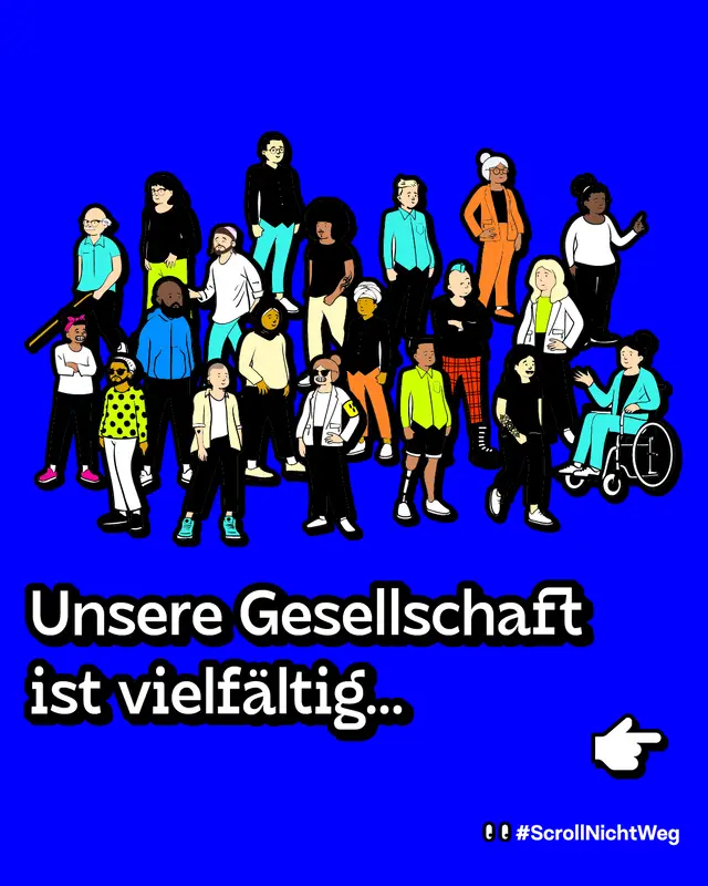Illustration einer Gruppe mit ganz vielen unterschiedlichen Menschen. Manche sitzen im Rollstuhl, andere haben eine andere Hautfarbe und wieder andere haben bunte Klamotten an. Als Titel steht auf dem Bild "Unsere Gesellschaft ist vielfältig".