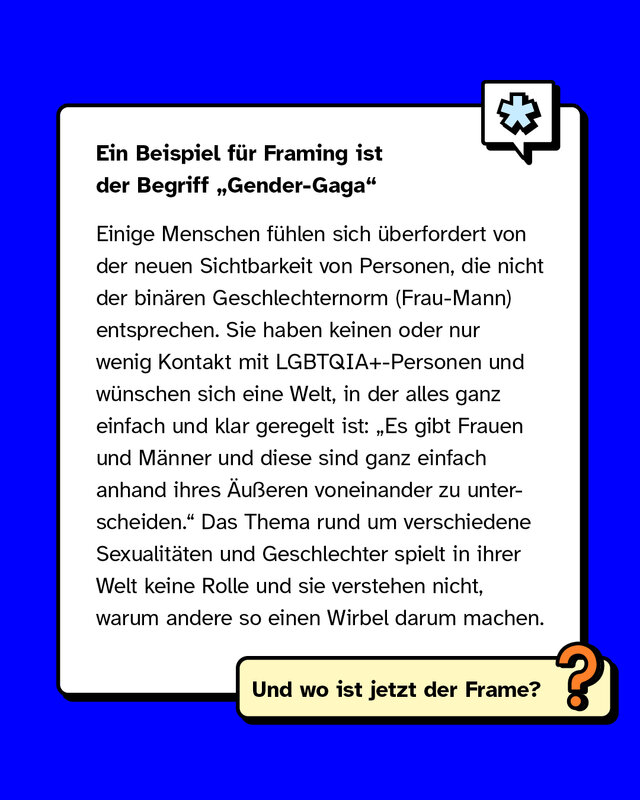 Ein Beispiel für Framing ist der Begriff Gender-Gaga. Einige Menschen fühlen sich überfordert von der neuen Sichtbarkeit von Personen, die nicht der binären Geschlechternorm (Frau-Mann) entsprechen. Sie haben keinen oder nur wenig Kontakt mit LGBTQIA+-Personen und wünschen sich eine Welt, in der alles ganz einfach und klar geregelt ist: Es gibt Frauen und Männer und diese sind ganz einfach anhand ihres Äußeren voneinander zu unterscheiden. Das Thema rund um verschiedene Sexualitäten und Geschlechter spielt in ihrer Welt keine Rolle und sie verstehen nicht, warum andere so einen Wirbel darum machen.