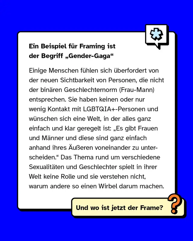 Ein Beispiel für Framing ist der Begriff Gender-Gaga. Einige Menschen fühlen sich überfordert von der neuen Sichtbarkeit von Personen, die nicht der binären Geschlechternorm (Frau-Mann) entsprechen. Sie haben keinen oder nur wenig Kontakt mit LGBTQIA+-Personen und wünschen sich eine Welt, in der alles ganz einfach und klar geregelt ist: Es gibt Frauen und Männer und diese sind ganz einfach anhand ihres Äußeren voneinander zu unterscheiden. Das Thema rund um verschiedene Sexualitäten und Geschlechter spielt in ihrer Welt keine Rolle und sie verstehen nicht, warum andere so einen Wirbel darum machen.