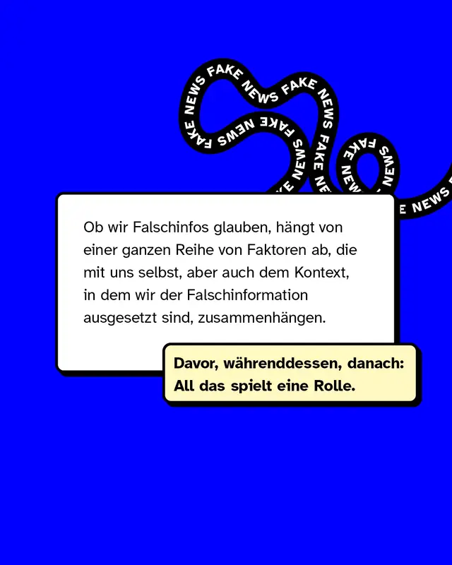 Blauer Hintergrund. Textkasten mit Erklärung: Dass es viele Faktoren gibt, die beeinflussen, ob wir Falschinformationen glauben. Hinweis, dass sowohl der Kontext als auch persönliche Faktoren vor, während und nach dem Kontakt mit falschen Informationen eine Rolle spielen. Unter dem Kasten steht ein gelber Textfeld-Sticker: "Davor, währenddessen, danach: All das spielt eine Rolle." Im Hintergrund geschwungene "FAKE NEWS"-Schriftzüge.