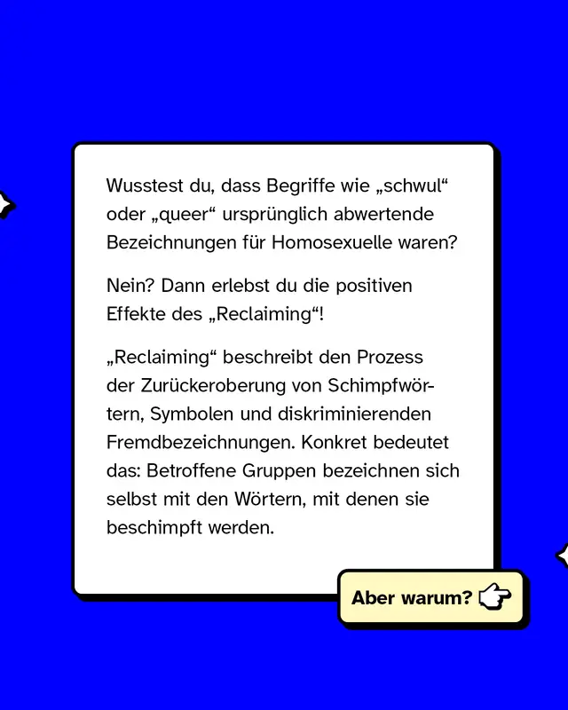 Ein cremefarbener Textkasten auf blauem Hintergrund. Darin steht der komplette Erklärungstext zur ursprünglichen abwertenden Bedeutung von Begriffen wie „schwul“ oder „queer“ und zur Definition von „Reclaiming“ als Rückeroberung diskriminierender Fremdbezeichnungen. Am unteren Rand des Kastens ist ein kleiner Button mit dem Text „Aber warum?“ und einem gezeichneten Pfeil.