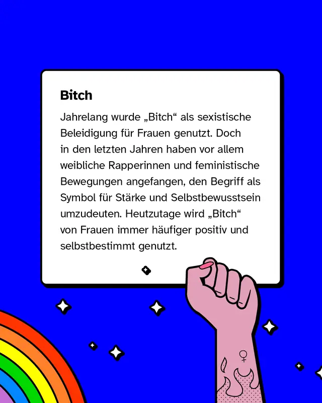 Ein Textkasten mit der &Uuml;berschrift &bdquo;Bitch&ldquo;. Darin steht, wie der Begriff lange als sexistische Beleidigung genutzt wurde und sp&auml;ter besonders durch Rapperinnen und feministische Bewegungen zu einem Symbol f&uuml;r Selbstbewusstsein und St&auml;rke umgedeutet wurde. Rechts unten ragt eine gezeichnete Faust mit Tattoos ins Bild.