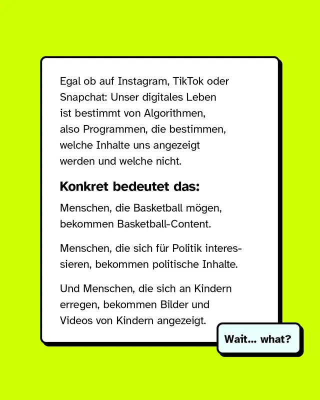 Wei&szlig;er Textkasten auf neon-gelbem Hintergrund. Erkl&auml;rung, dass Algorithmen auf Plattformen wie Instagram, TikTok und Snapchat bestimmen, welche Inhalte gezeigt werden. Beispiele: Basketballfans sehen Basketball-Content, politisch Interessierte sehen politische Inhalte, Menschen mit p&auml;dokriminellen Interessen sehen Kinderbilder. Kleiner Sprechblasen-Kasten unten rechts mit Text &bdquo;Wait&hellip; what?&ldquo;
