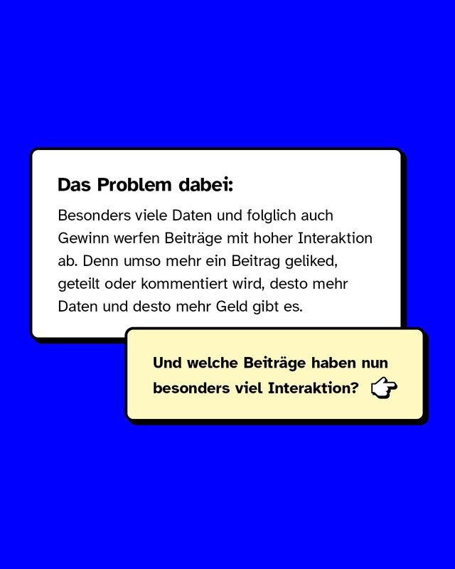 Das Problem dabei: Besonders viele Daten und folglich auch Gewinn werfen Beiträge mit hoher Interaktion ab. Und welche Beiträge haben besonders viel Interaktion?