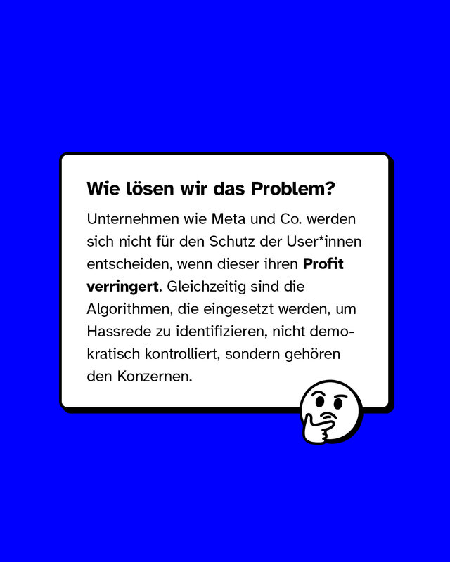 Wie lösen wir das Problem? Unternehmen wie Meta werden sich nicht für den Schutz der User*innen entscheiden, wenn dieser ihren Profit verringert.