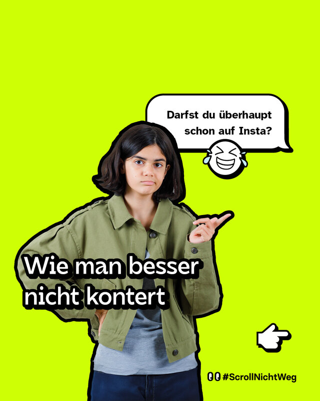 Wie man besser nicht kontert - Ageismus. In einer Sprechblase die Worte: „Darfst du überhaupt schon auf Insta?“ mit einem lachenden Emoji.