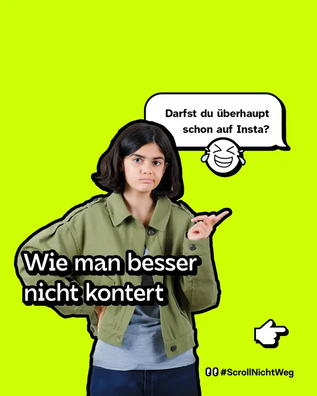 Wie man besser nicht kontert - Ageismus. In einer Sprechblase die Worte: &bdquo;Darfst du &uuml;berhaupt schon auf Insta?&ldquo; mit einem lachenden Emoji.