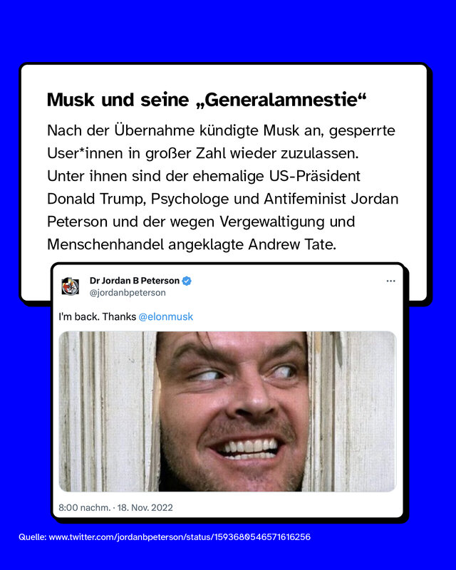 Musk und seine „Generalamnestie“  Nach der Übernahme kündigte Musk an, gesperrte User*innen in großer Zahl wieder zuzulassen. Unter ihnen sind der ehemalige US-Präsident Donald Trump, Psychologe und Antifeminist Jordan Peterson und der wegen Vergewaltigung und Menschenhandel angeklagte Andrew Tate.