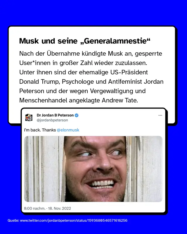 Musk und seine &bdquo;Generalamnestie&ldquo;  Nach der &Uuml;bernahme k&uuml;ndigte Musk an, gesperrte User*innen in gro&szlig;er Zahl wieder zuzulassen. Unter ihnen sind der ehemalige US-Pr&auml;sident Donald Trump, Psychologe und Antifeminist Jordan Peterson und der wegen Vergewaltigung und Menschenhandel angeklagte Andrew Tate.